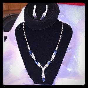 blue and white rhinestone necklace/earring set